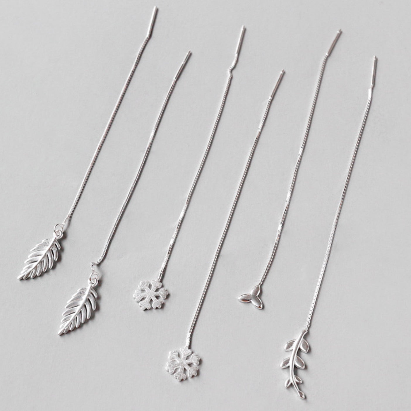 Leaf, Feather and Snowflake Threader Earrings