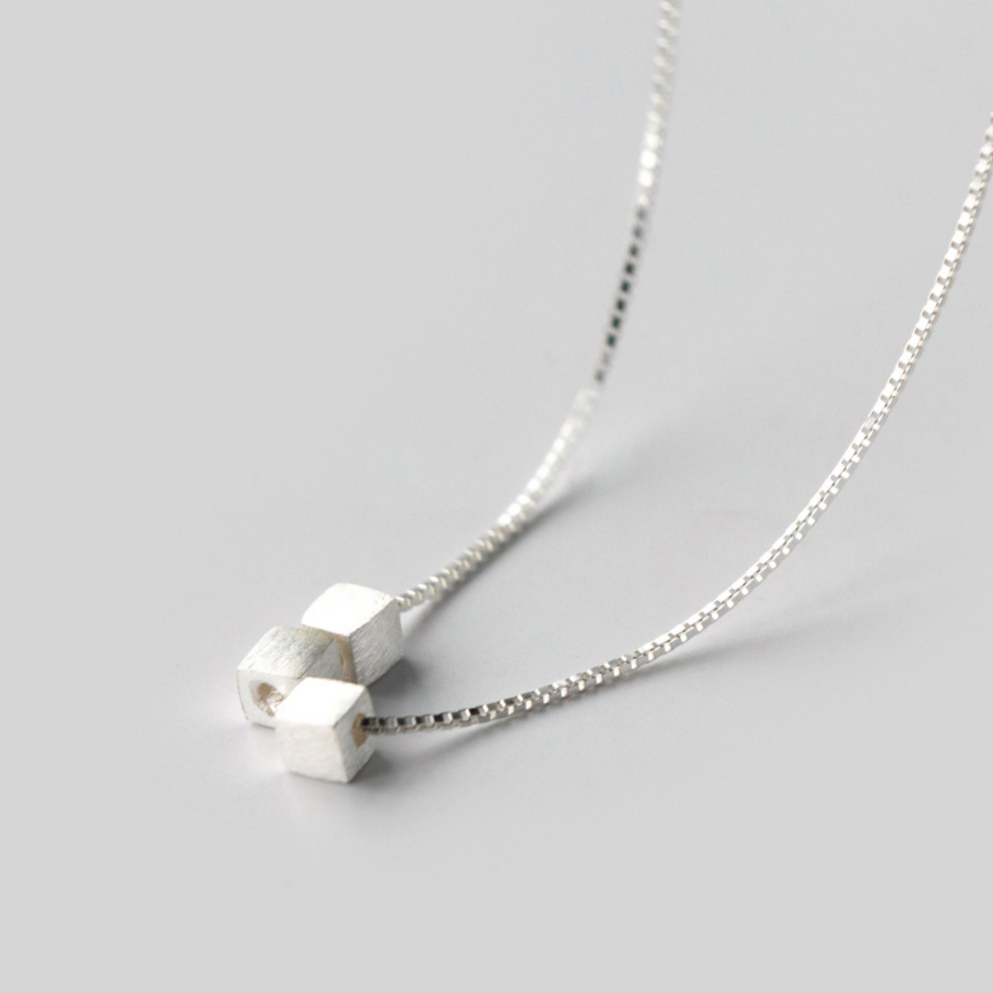Brushed Silver Tiny Cube Pendant Necklace