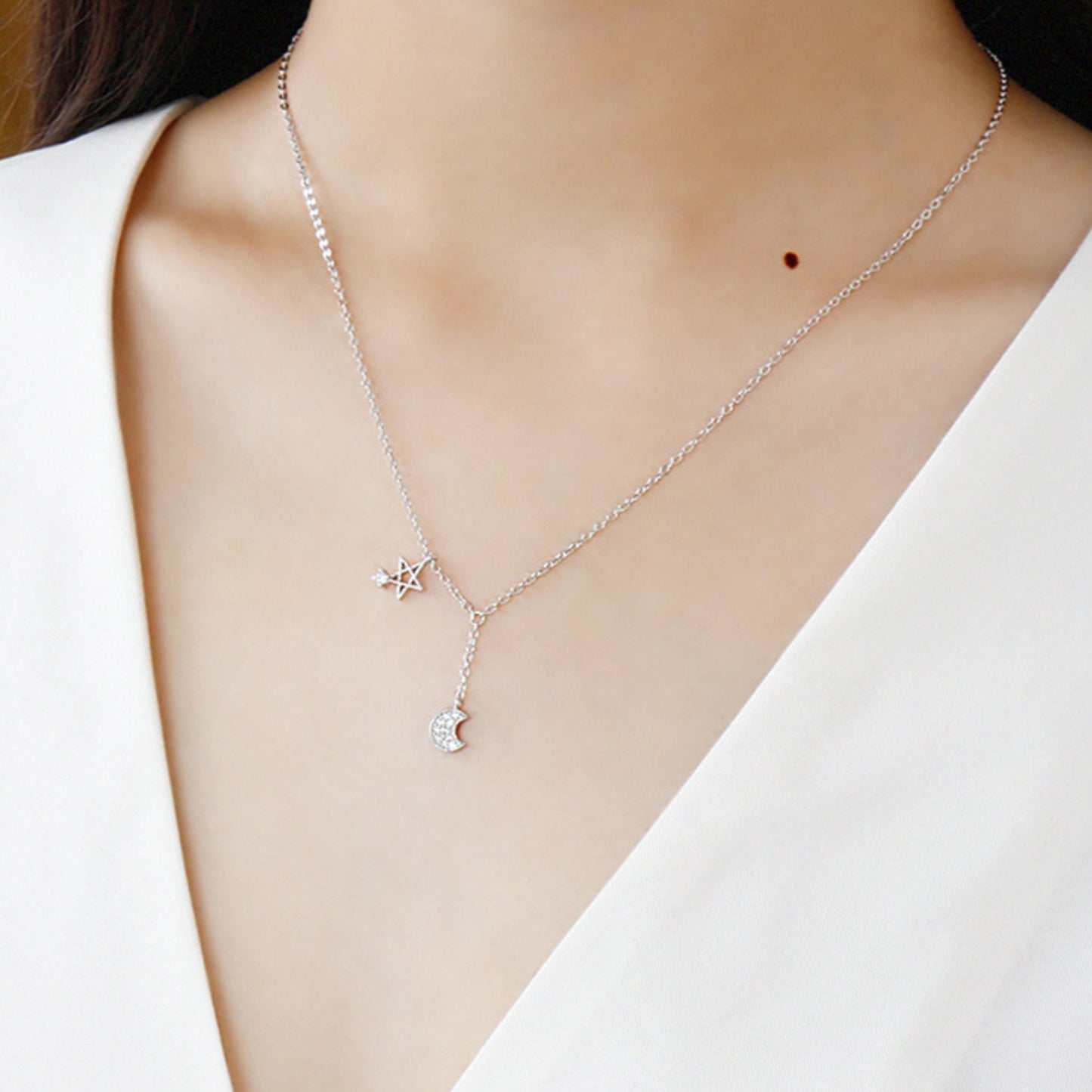 Crystal Moon and Star Pendant Necklace