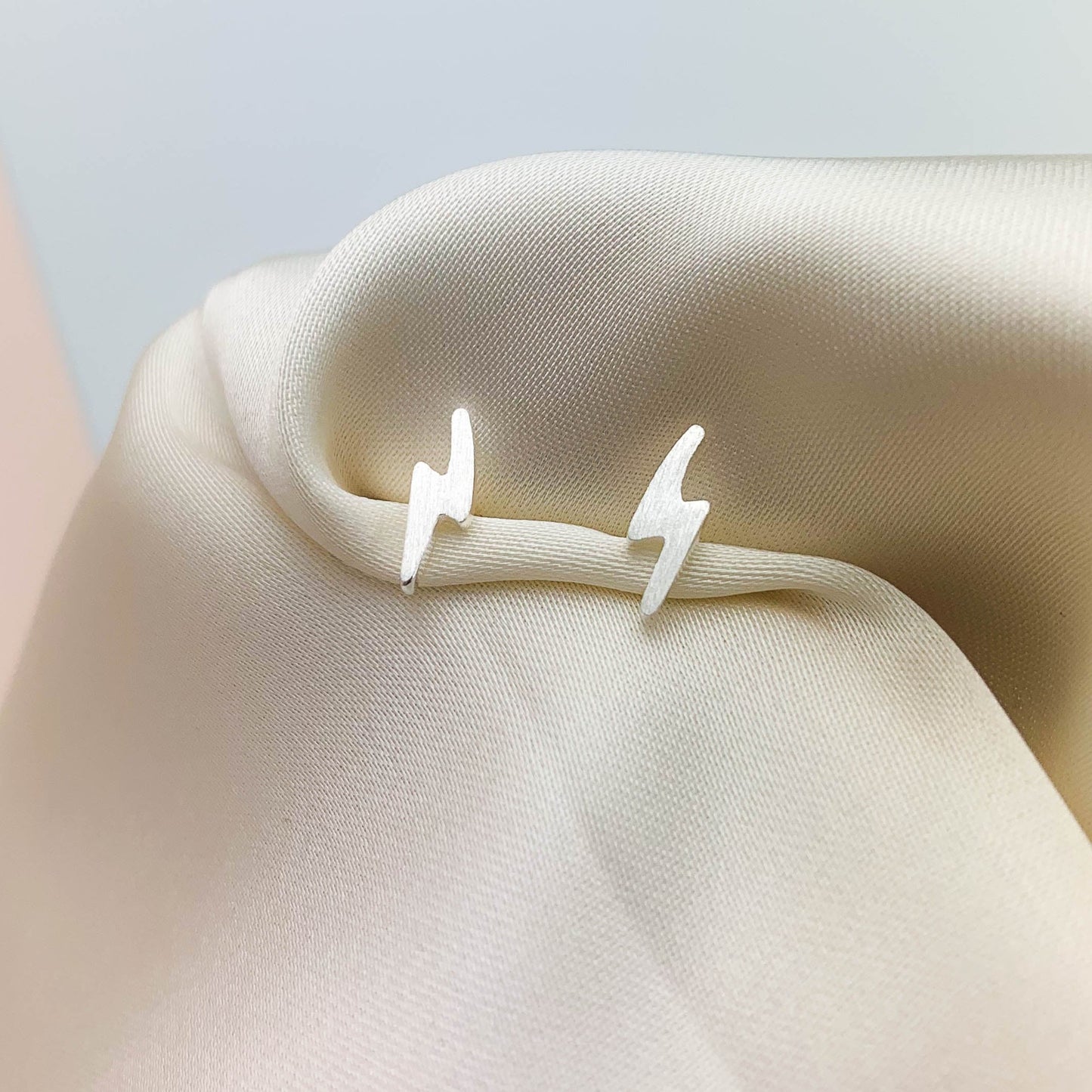 Brushed Silver Lightning Bolt Stud Earrings