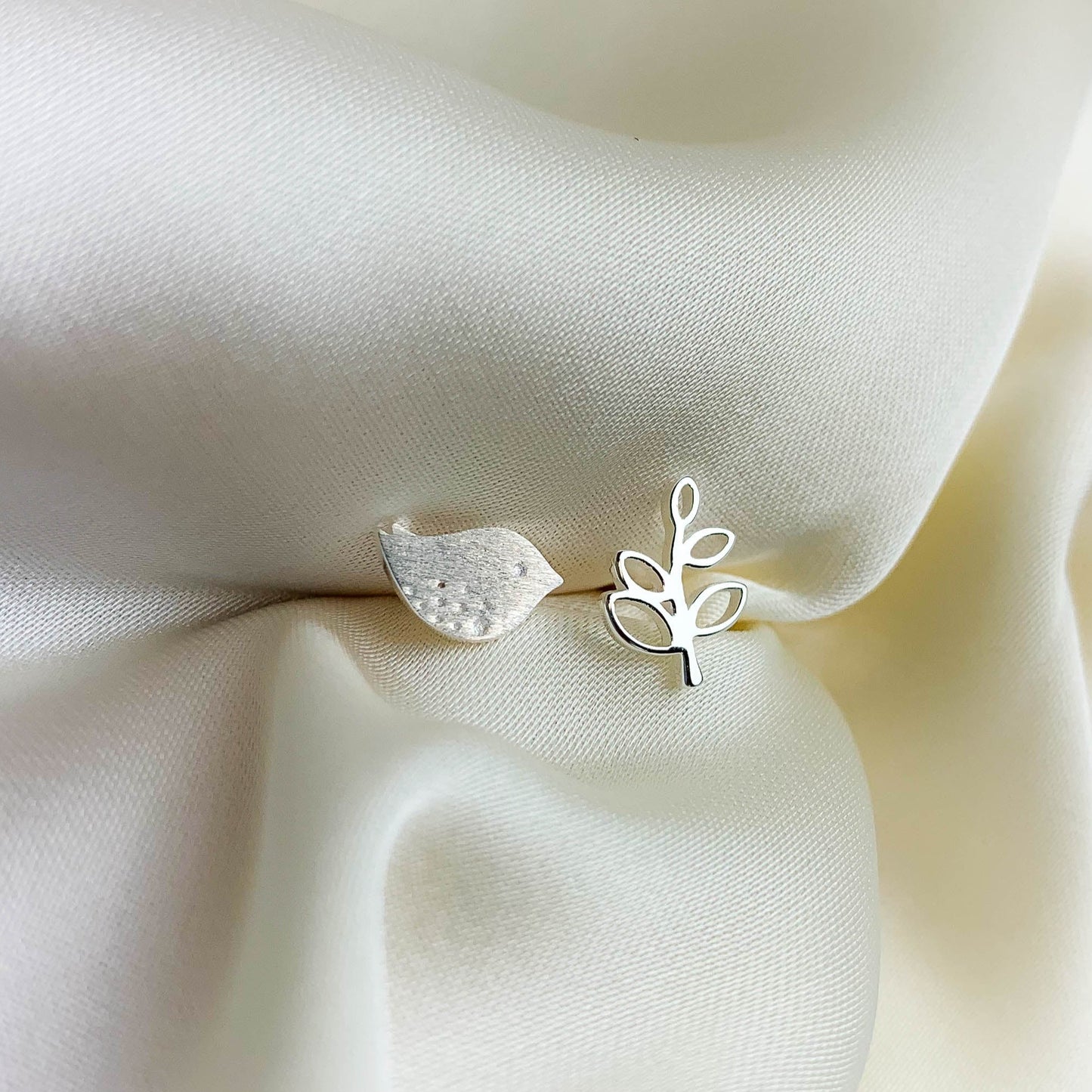 Bird & Leaf Asymmetrical Stud Earrings