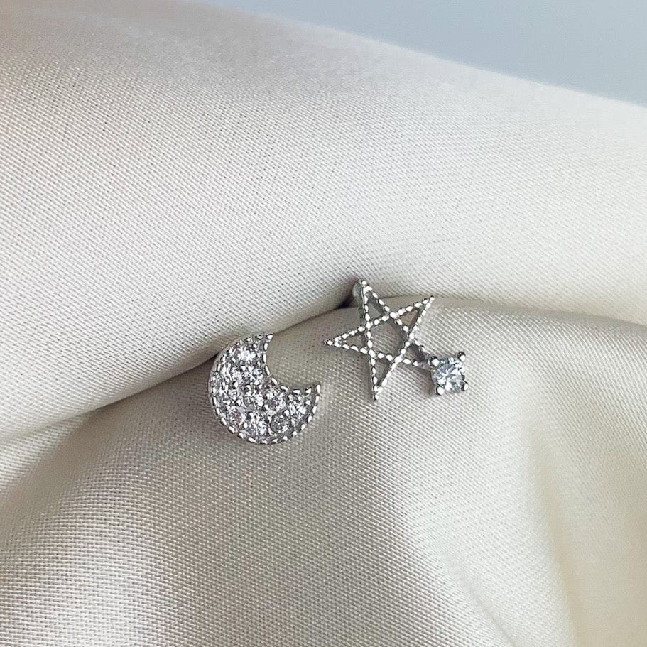 Crystal Star and Moon Asymmetrical Stud Earrings