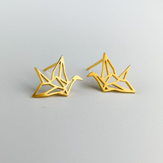 Brushed Finish Origami Crane Stud Earrings