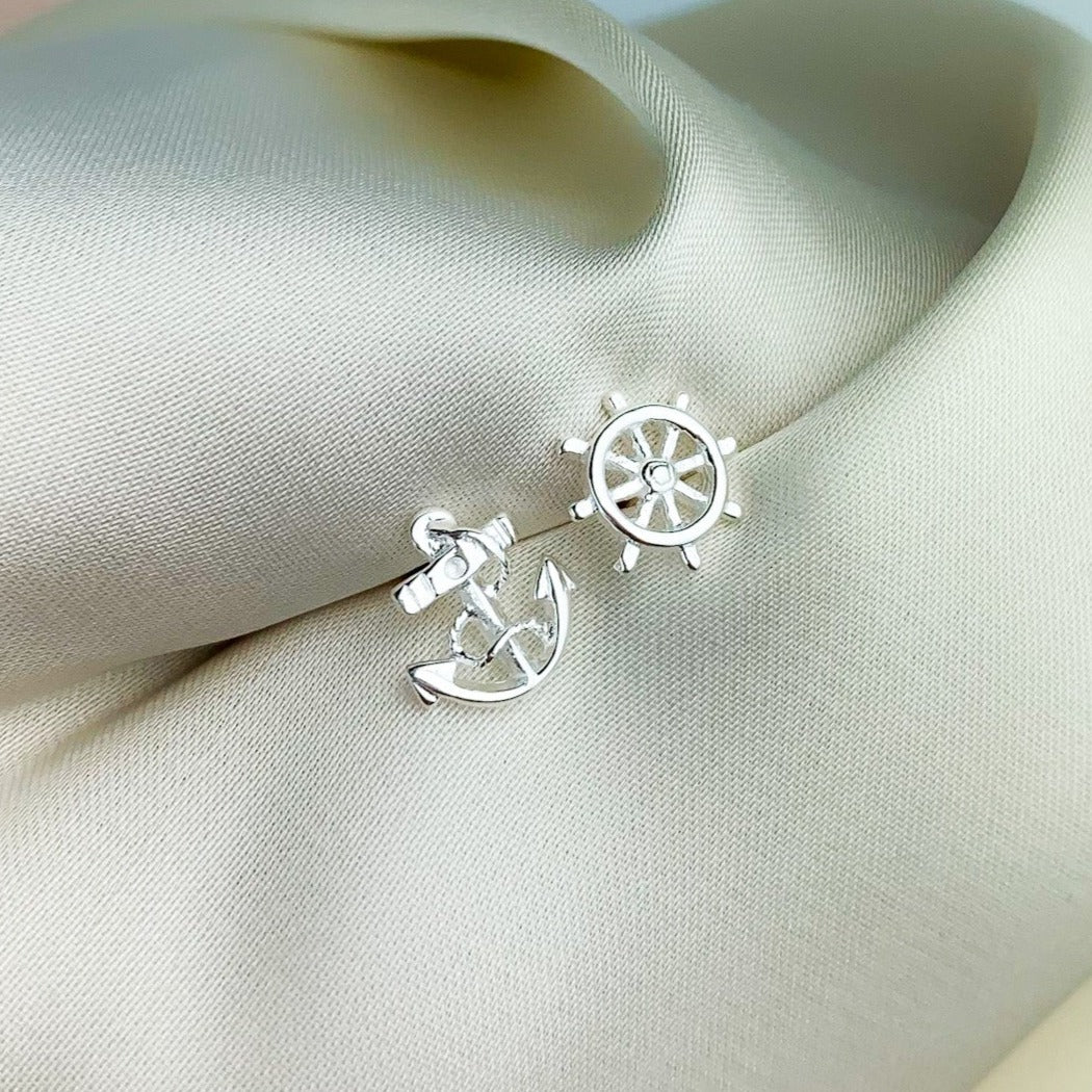 Anchor and Wheel Nautical Stud Earrings