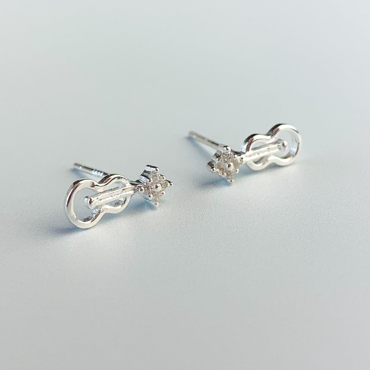 Tiny Guitar Stud Earrings with White Crystal