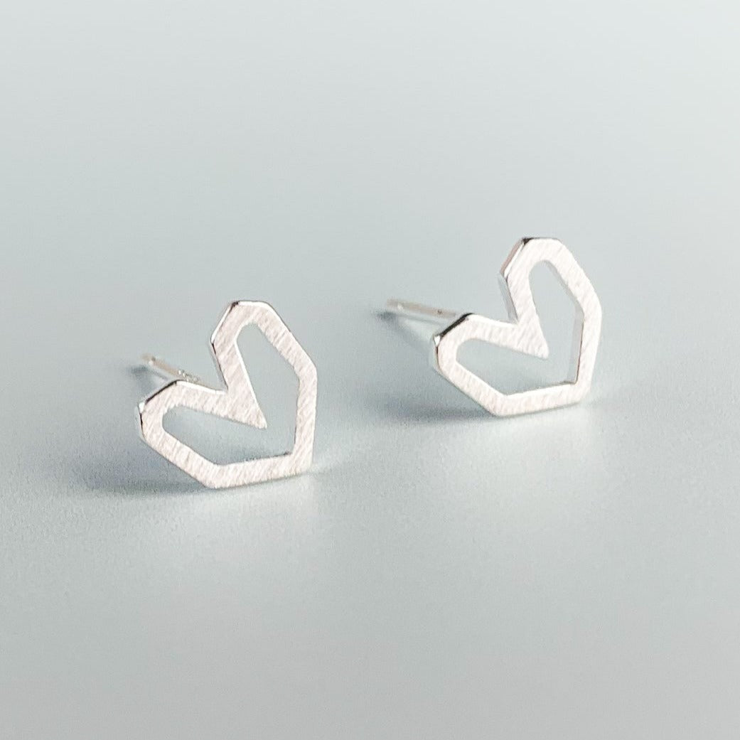 Brushed Silver Geometric Heart Studs