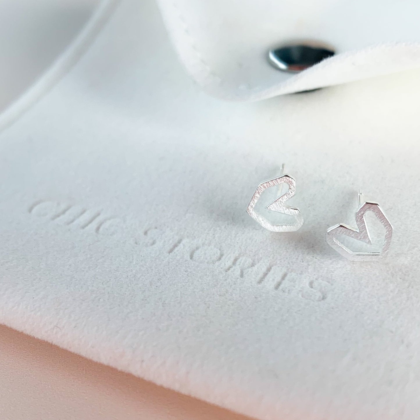 Brushed Silver Geometric Heart Studs