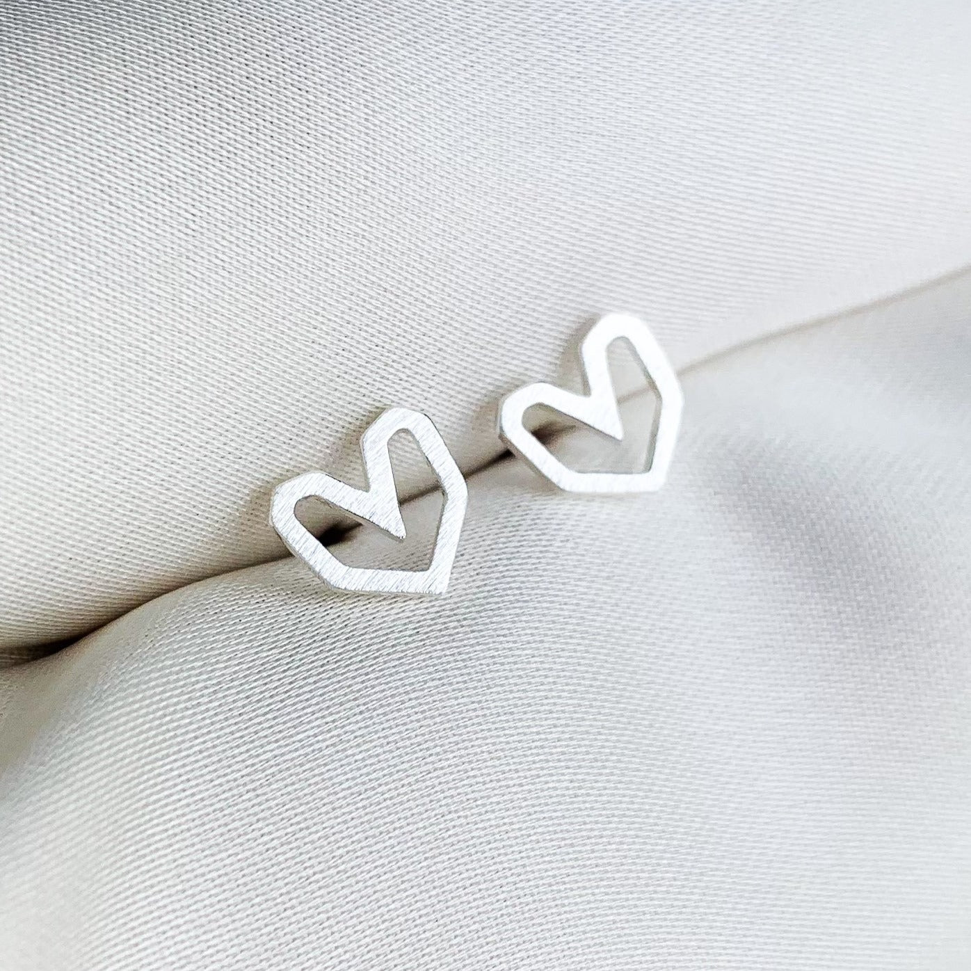 Brushed Silver Geometric Heart Studs