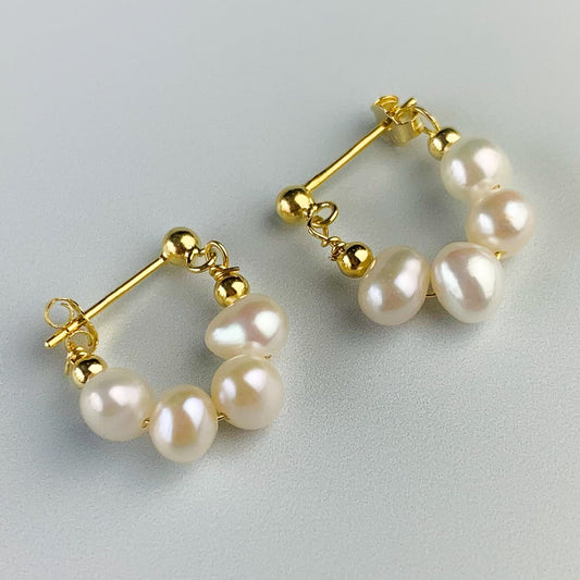 Gold Pearl Huggie Hoop Stud Earrings