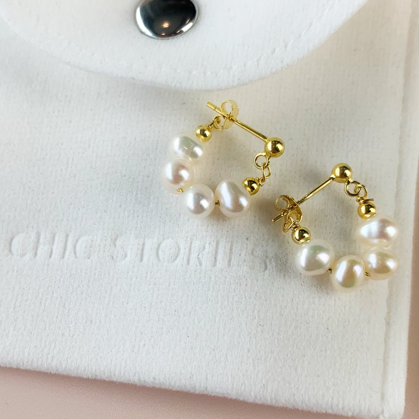 Gold Pearl Huggie Hoop Stud Earrings