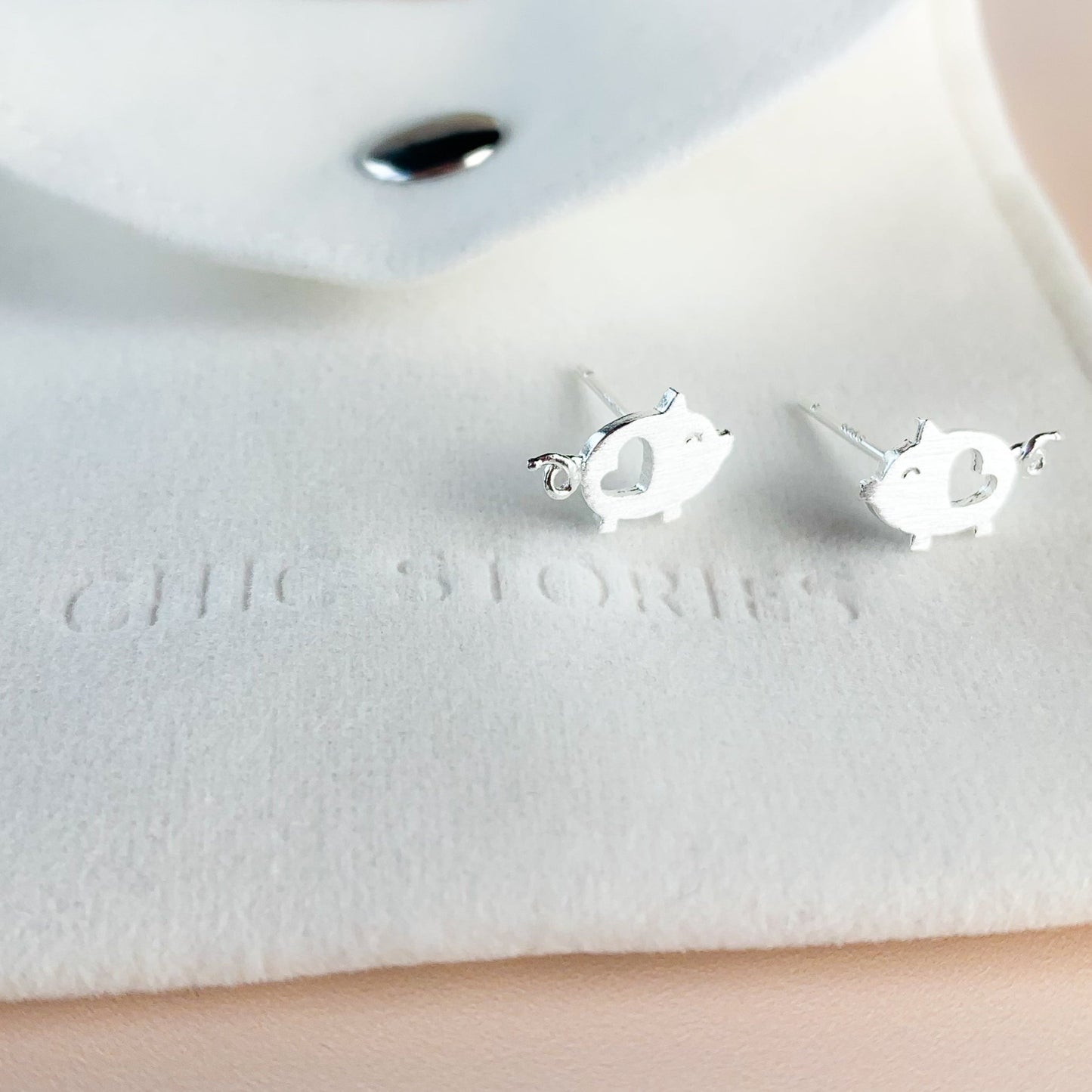 Brushed Silver Pig Stud Earrings
