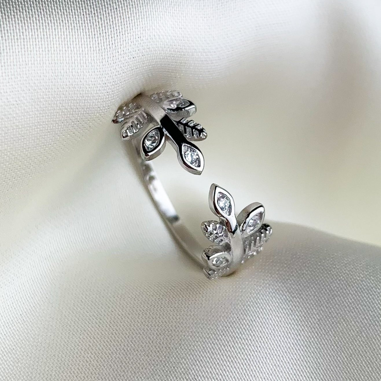 Crystal Detail Adjustable Leaf Ring