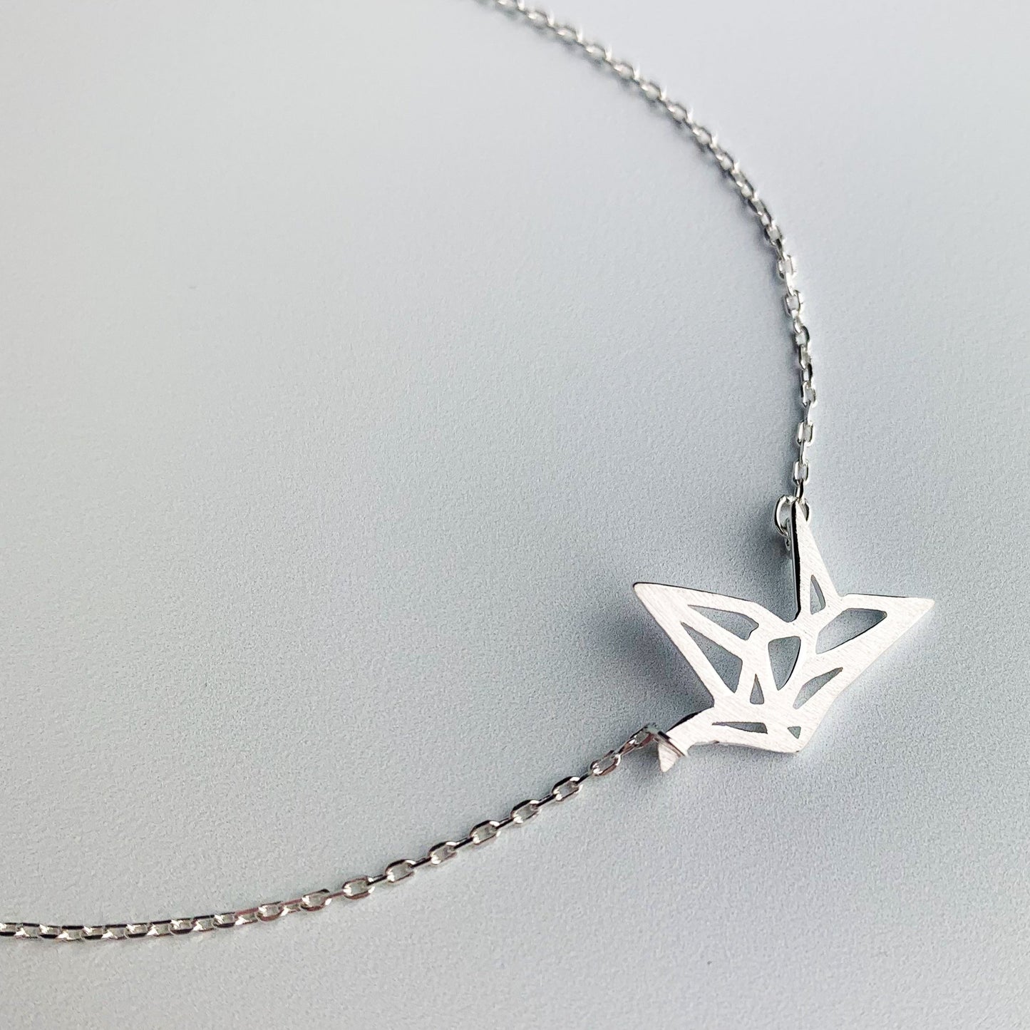 Brushed Silver Origami Crane Pendant Necklace