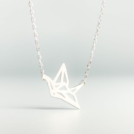 Brushed Silver Origami Crane Pendant Necklace