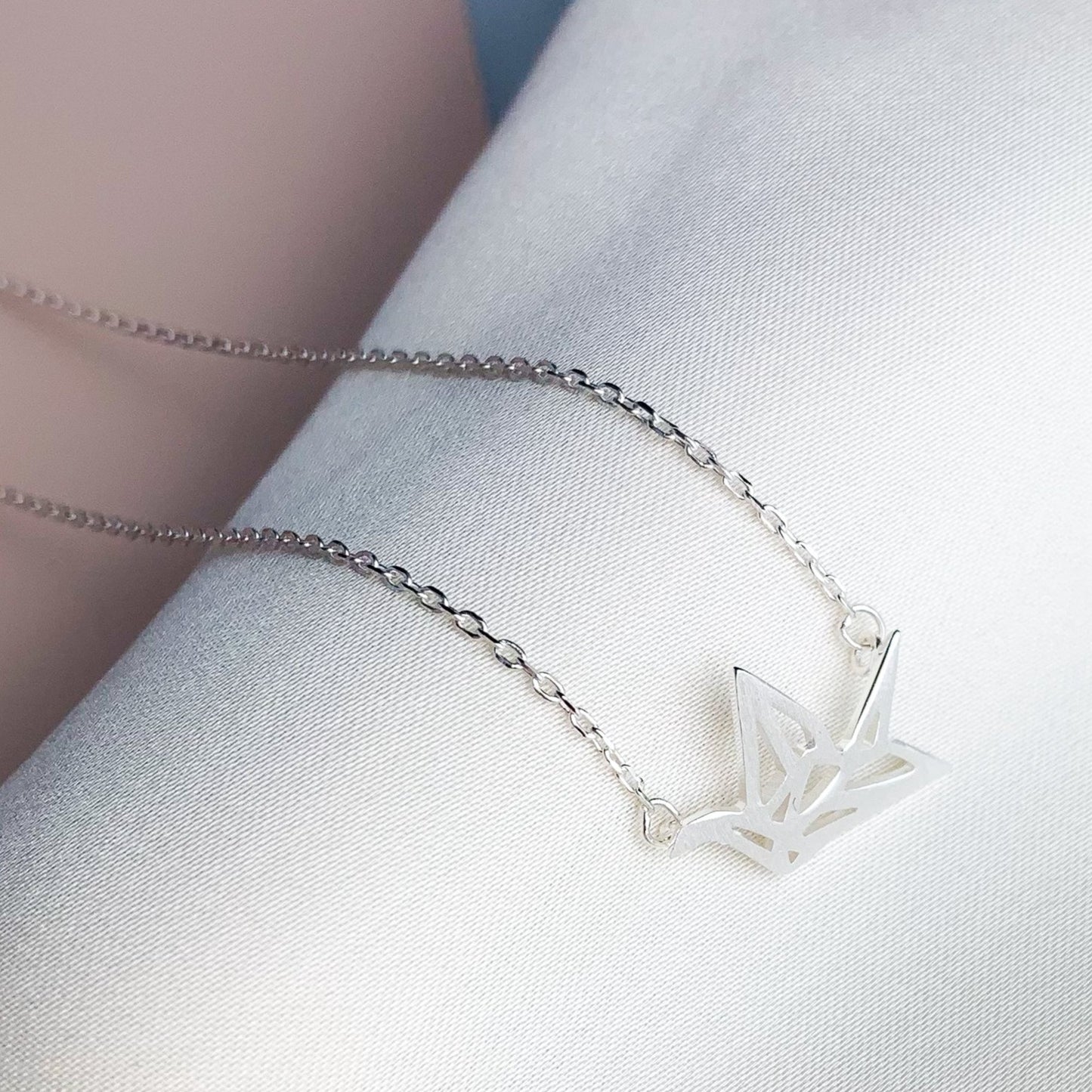 Brushed Silver Origami Crane Pendant Necklace