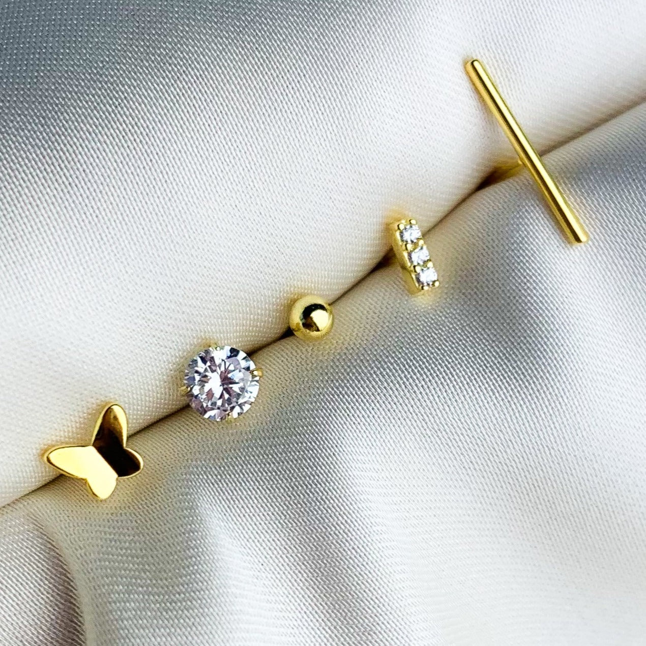 Set of Five Stud Earrings with Crystal Details
