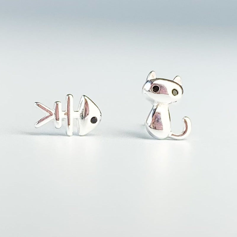 Cat and Fishbone Stud Earrings