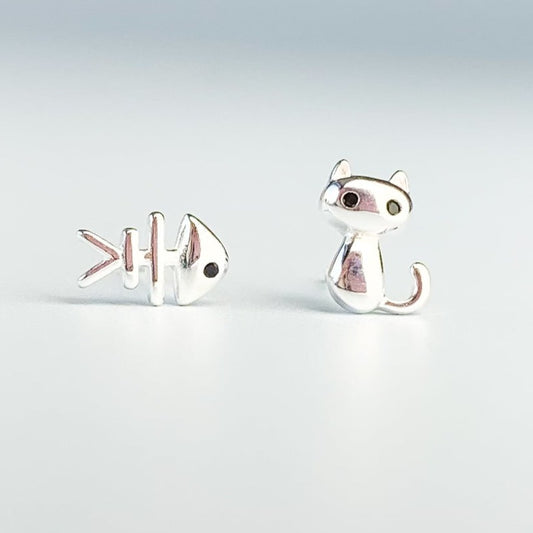 Cat and Fishbone Stud Earrings