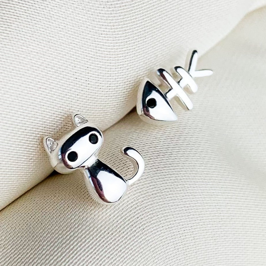 Cat and Fishbone Stud Earrings