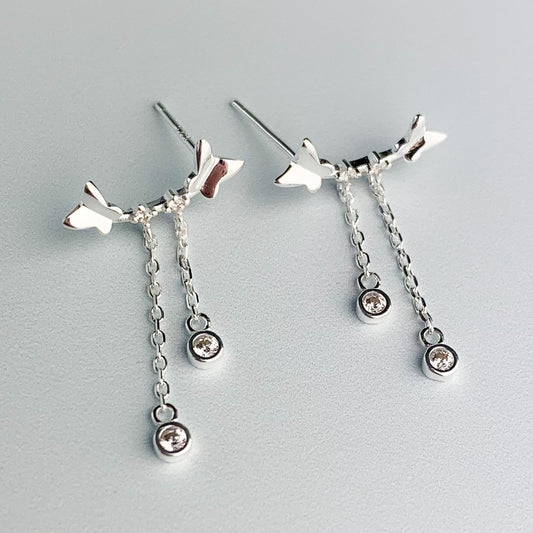 Butterfly and Crystal Chain Dangle Stud Earrings