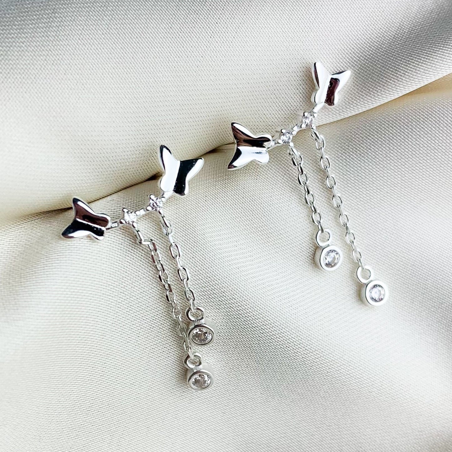 Butterfly and Crystal Chain Dangle Stud Earrings