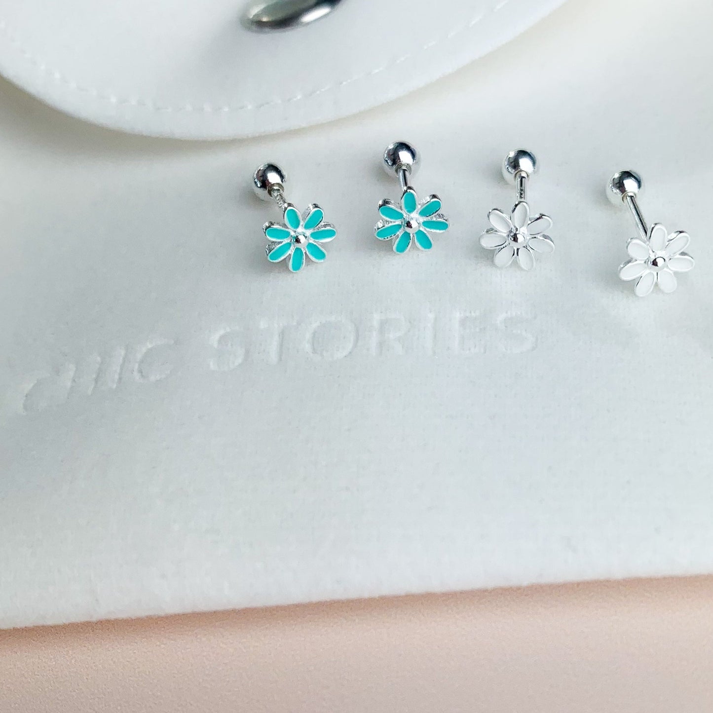 Blue, White or Black Flower Screw Back Stud Earrings