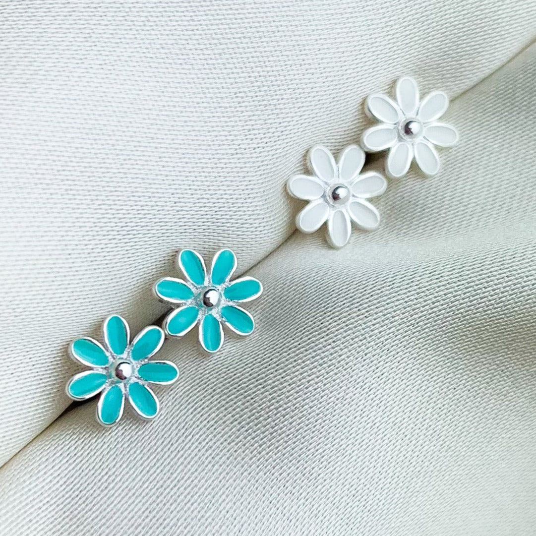 Blue, White or Black Flower Screw Back Stud Earrings