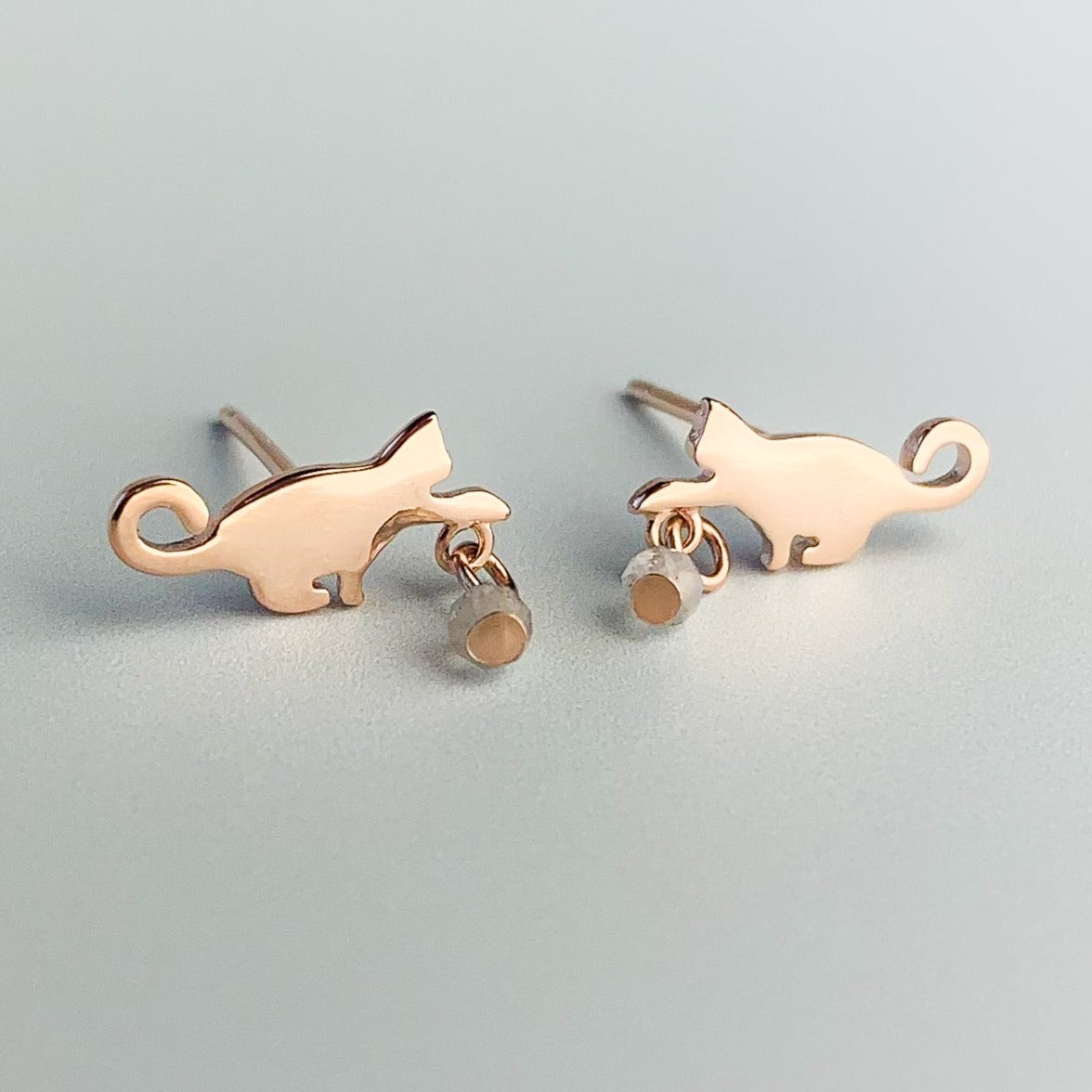 Cat and Crystal Bead Dangle Stud Earrings