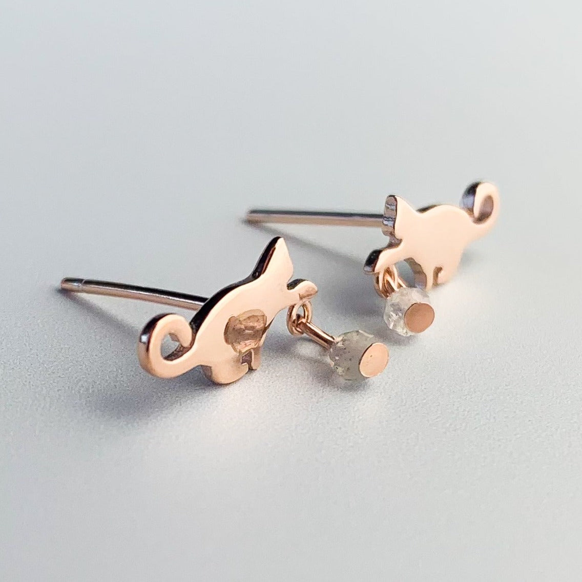 Cat and Crystal Bead Dangle Stud Earrings