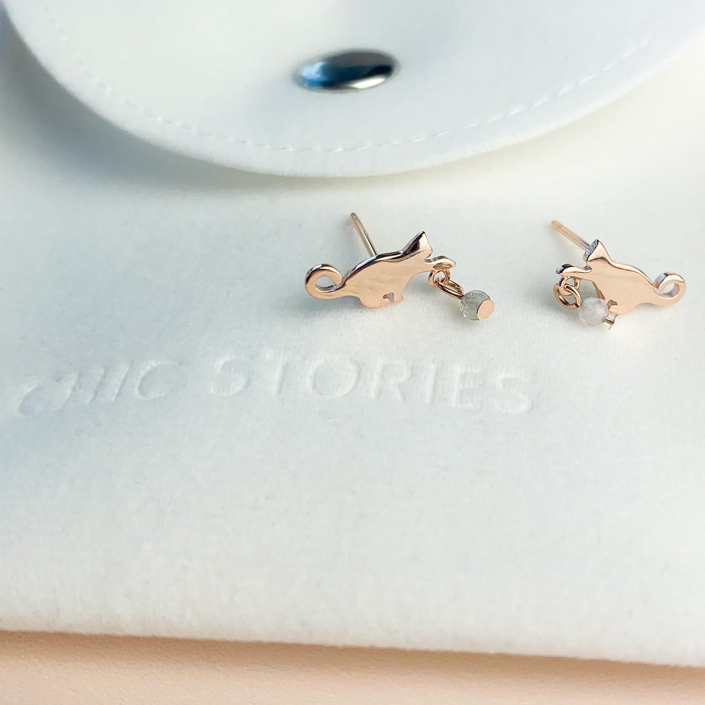 Cat and Crystal Bead Dangle Stud Earrings