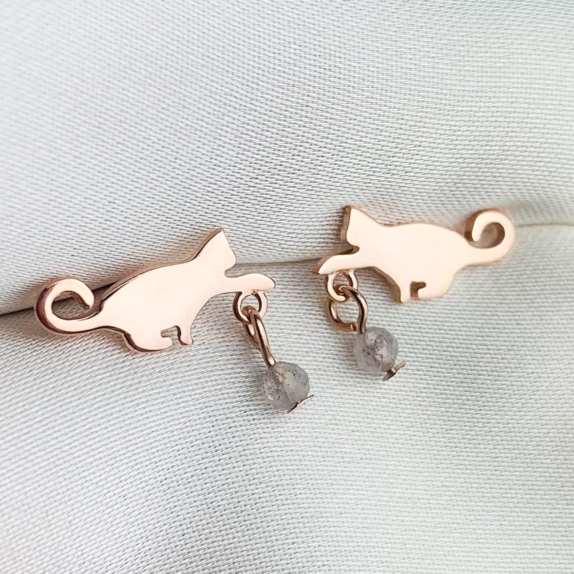 Cat and Crystal Bead Dangle Stud Earrings