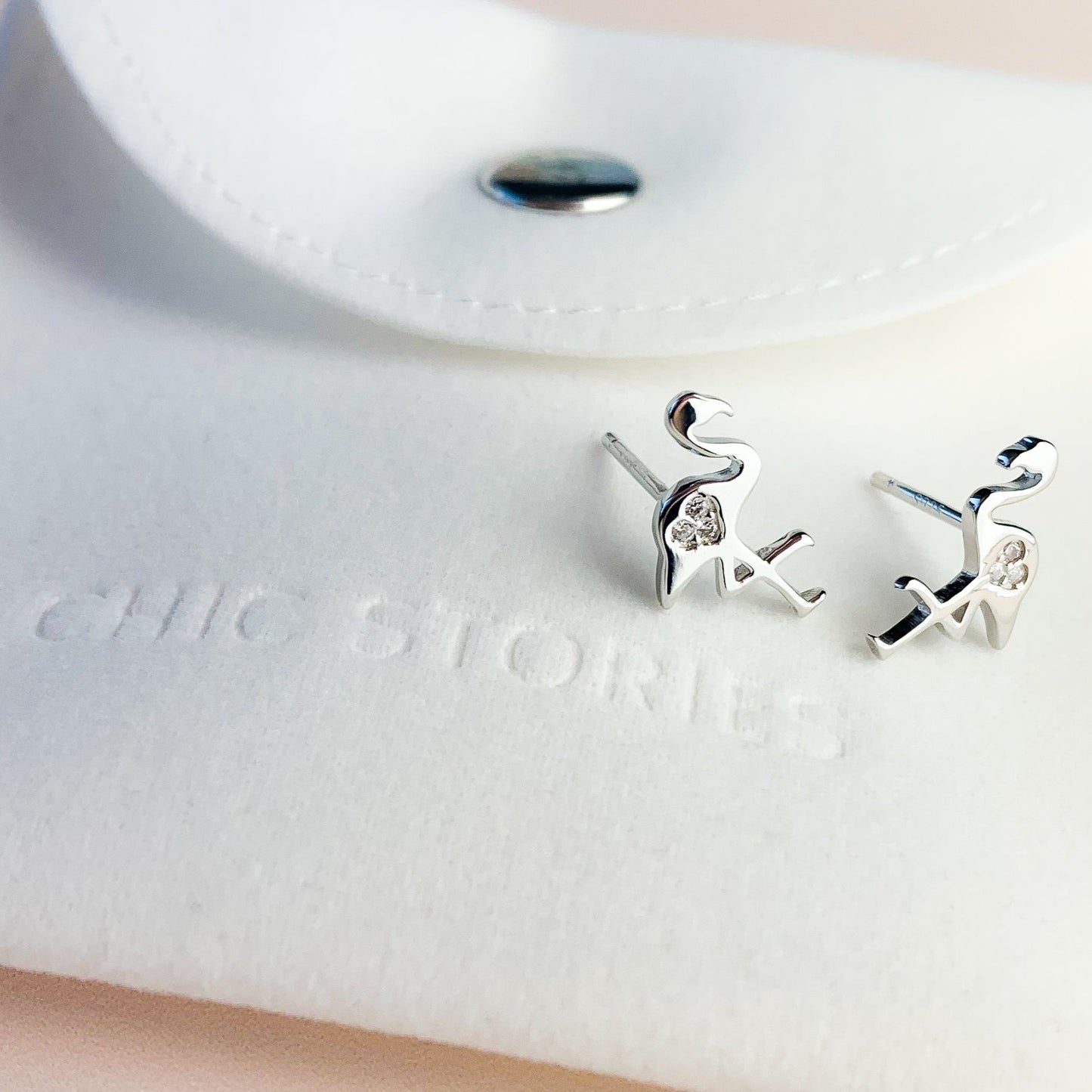 Crystal Heart Flamingo Stud Earrings