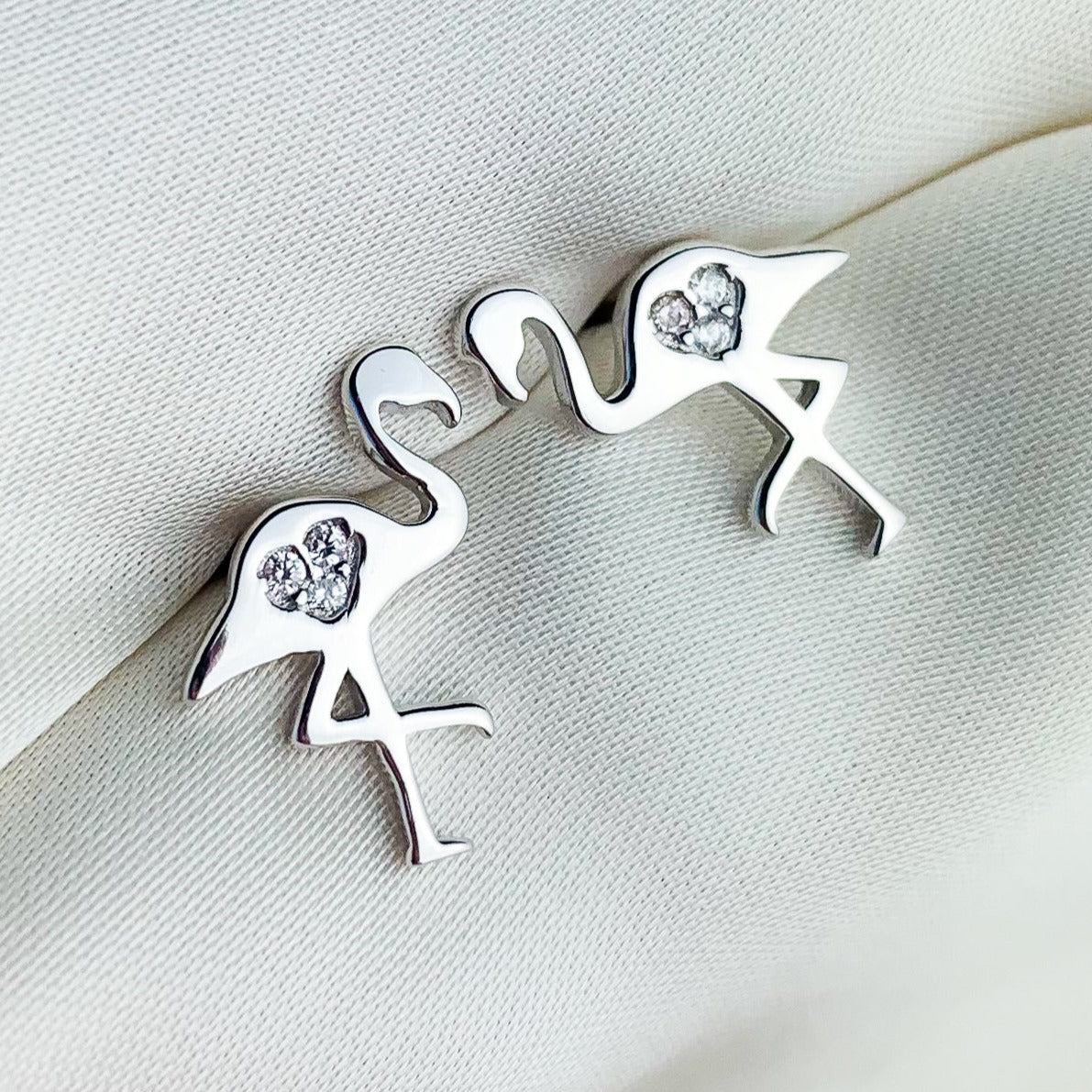 Crystal Heart Flamingo Stud Earrings
