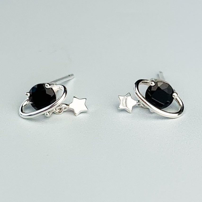Black Crystal Saturn Stud Earrings