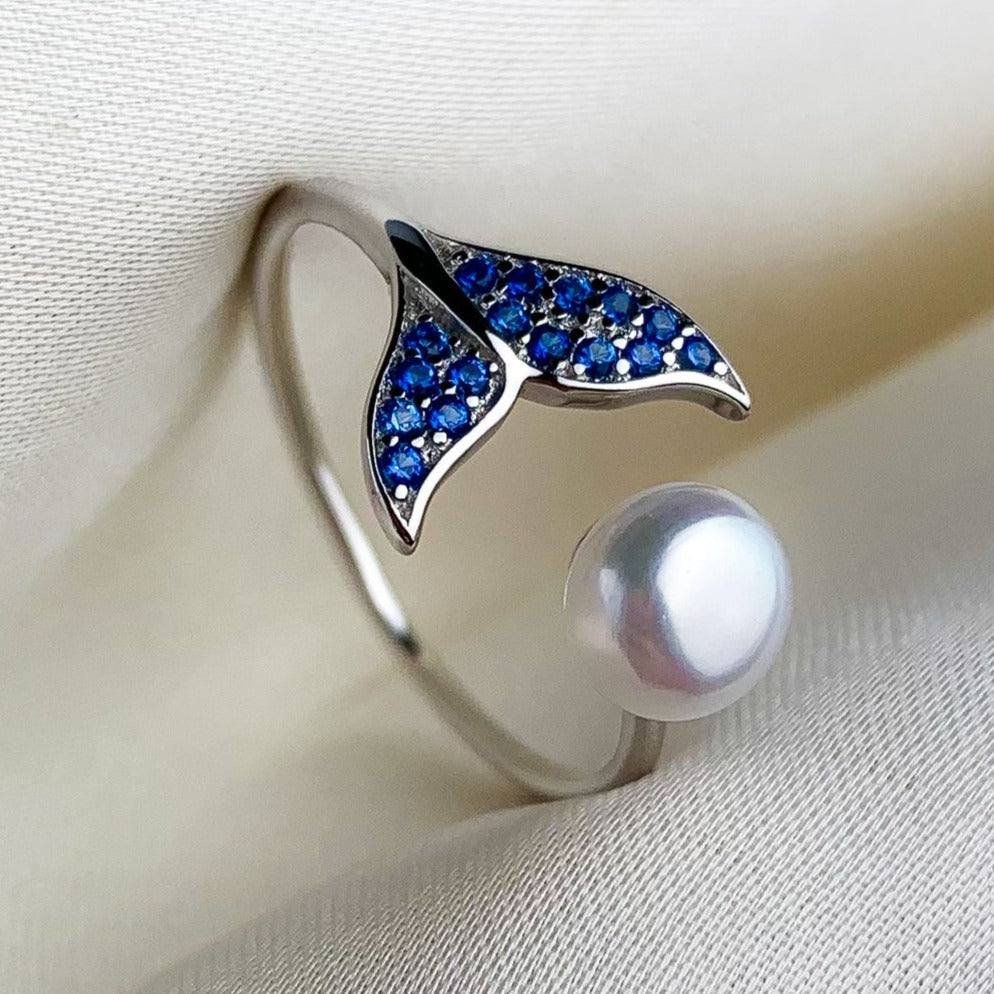 Blue Crystal and Pearl Whale Ring