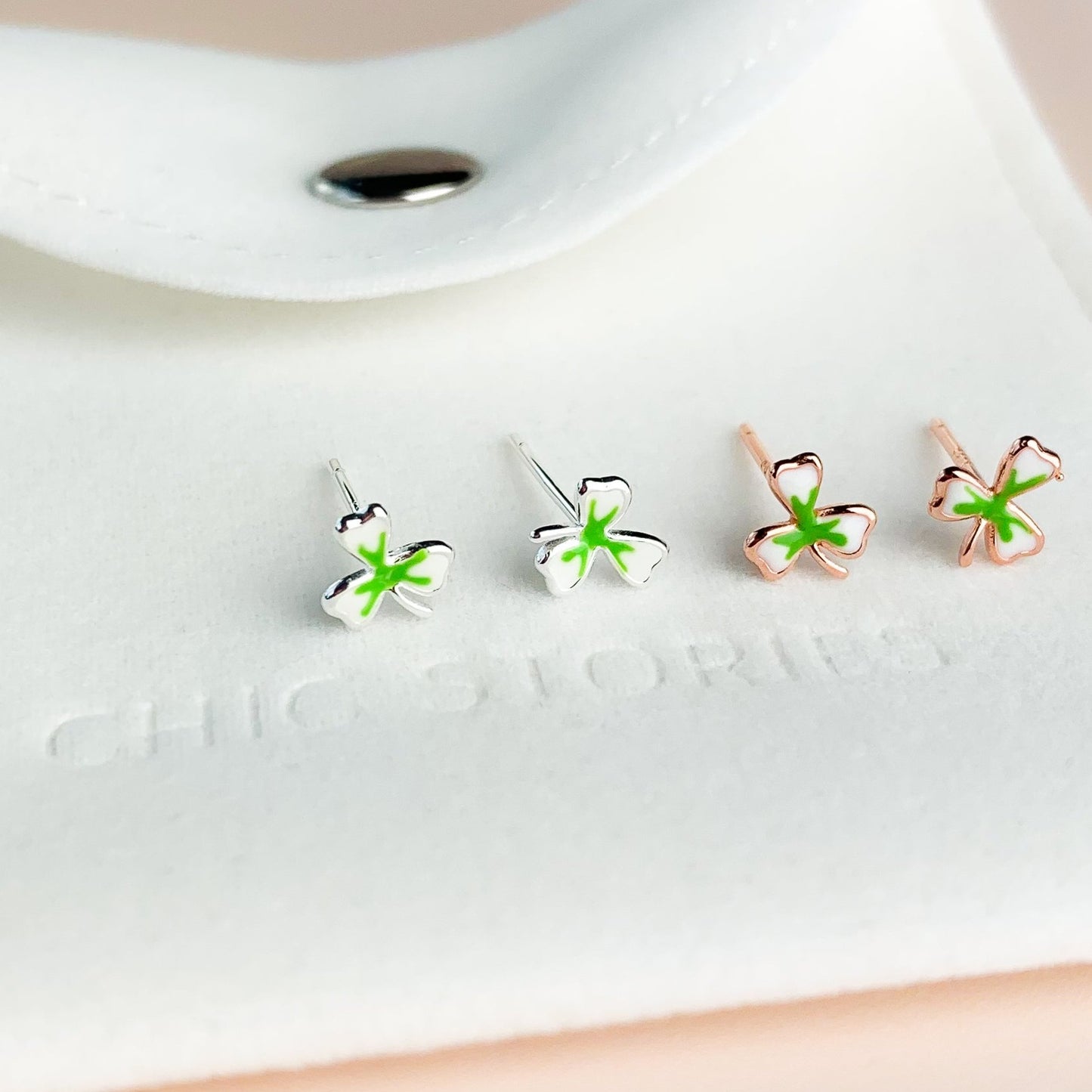 Green and White Clover Stud Earrings