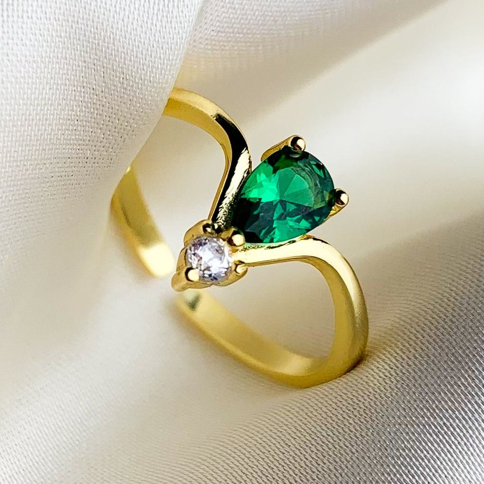 Green and White Crystal Adjustable Ring