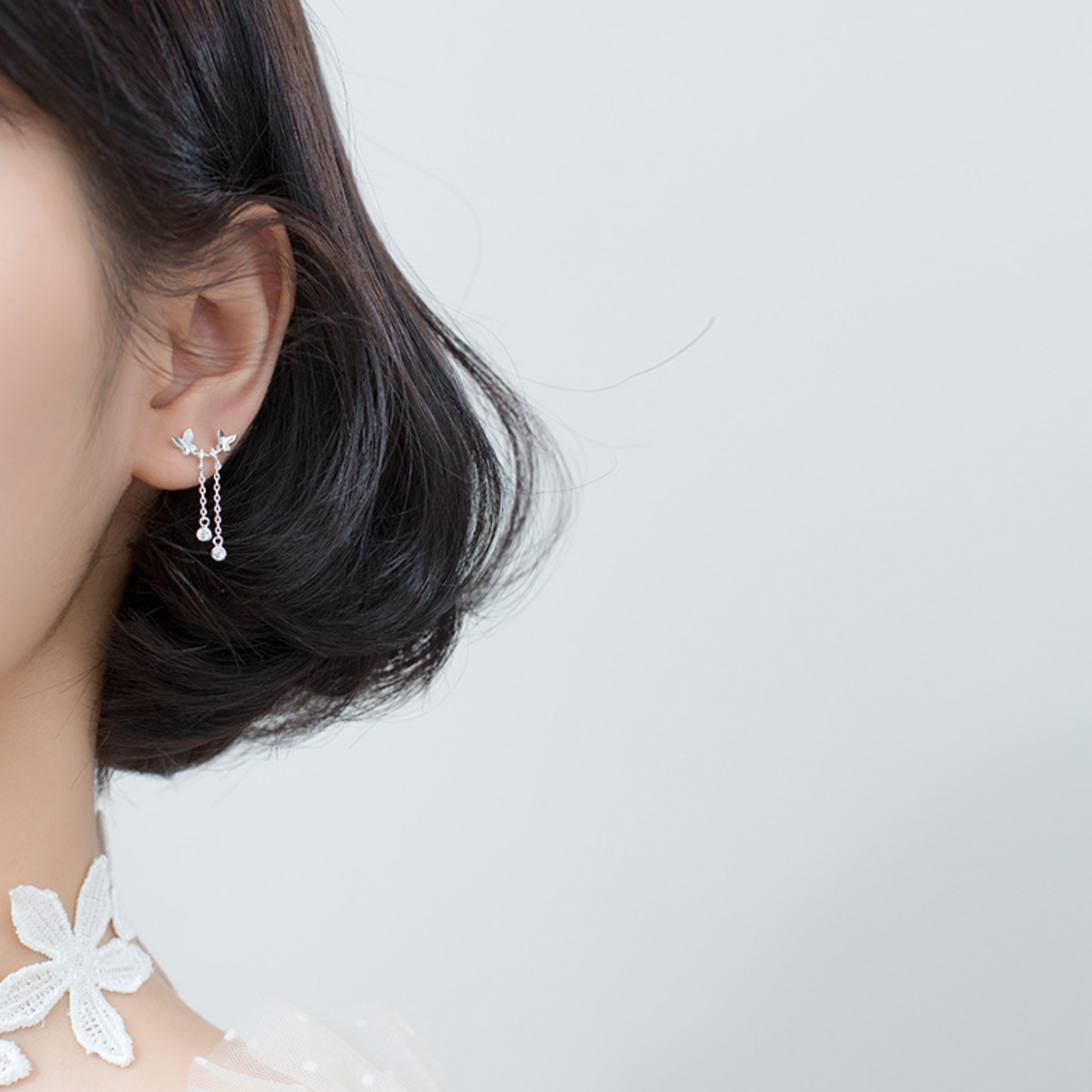 Butterfly and Crystal Chain Dangle Stud Earrings