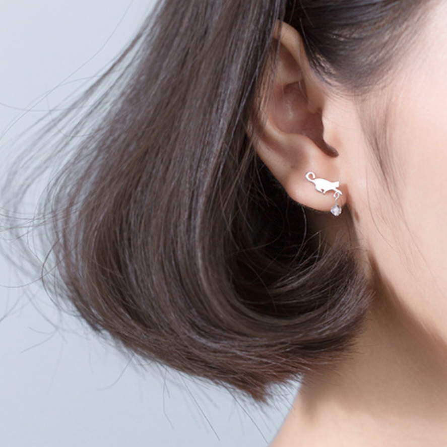 Cat and Crystal Bead Dangle Stud Earrings