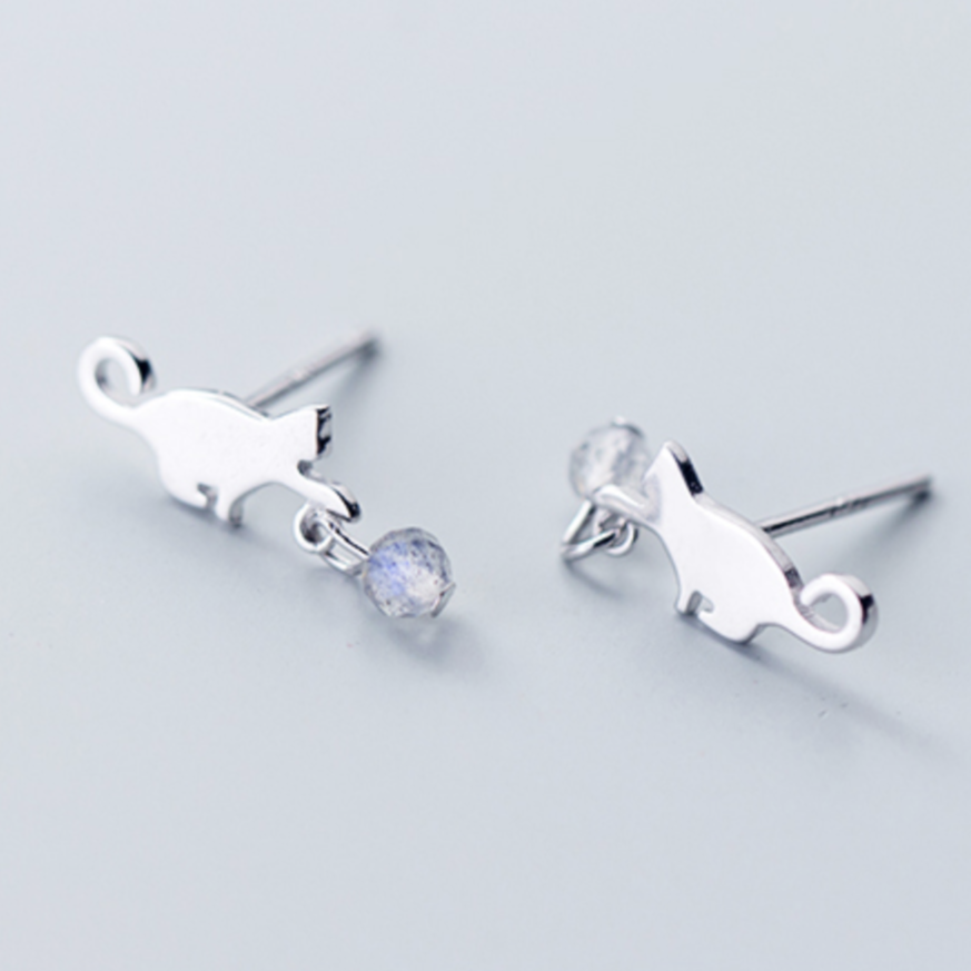 Cat and Crystal Bead Dangle Stud Earrings