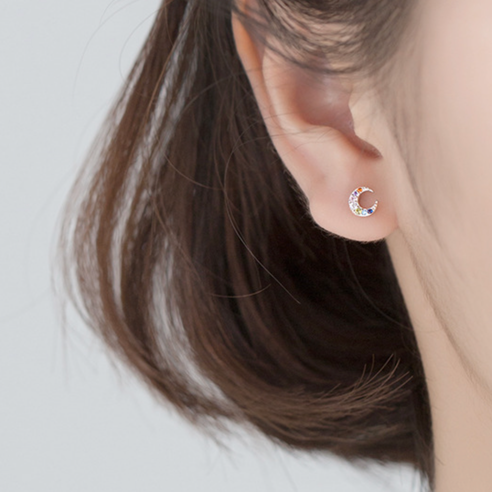 Colourful Crystal Crescent Moon Stud Earrings