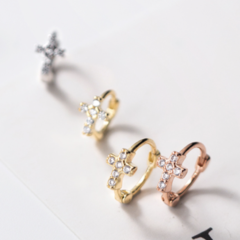 Sparkly Cross Huggie Hoop Earrings