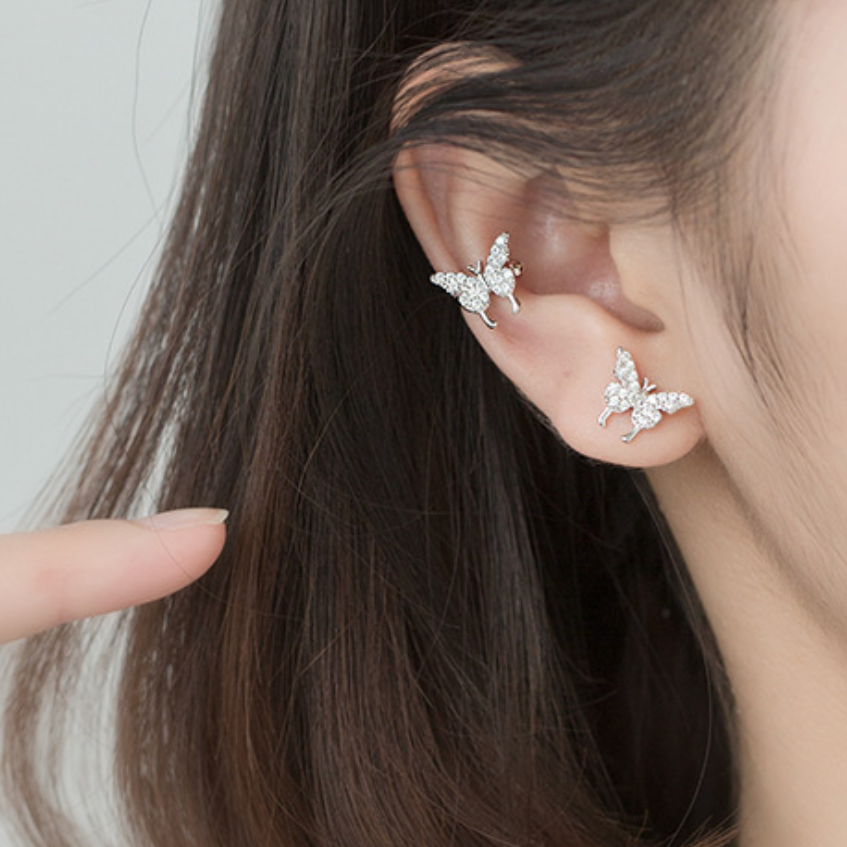 Crystal Butterfly Stud Earrings and Ear Cuffs