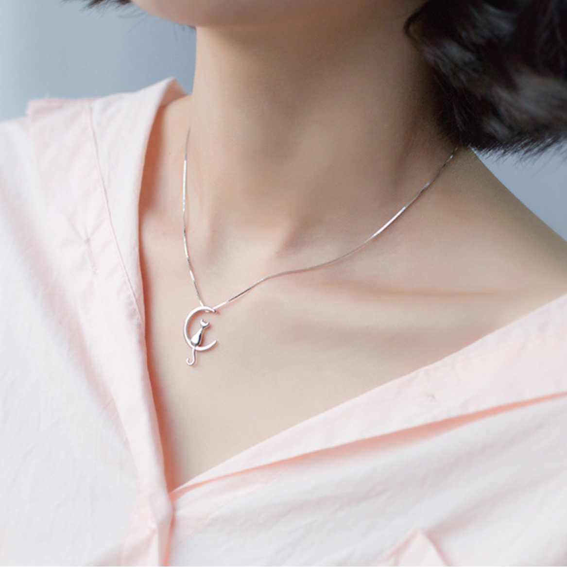 Cat and Moon Pendant Necklace