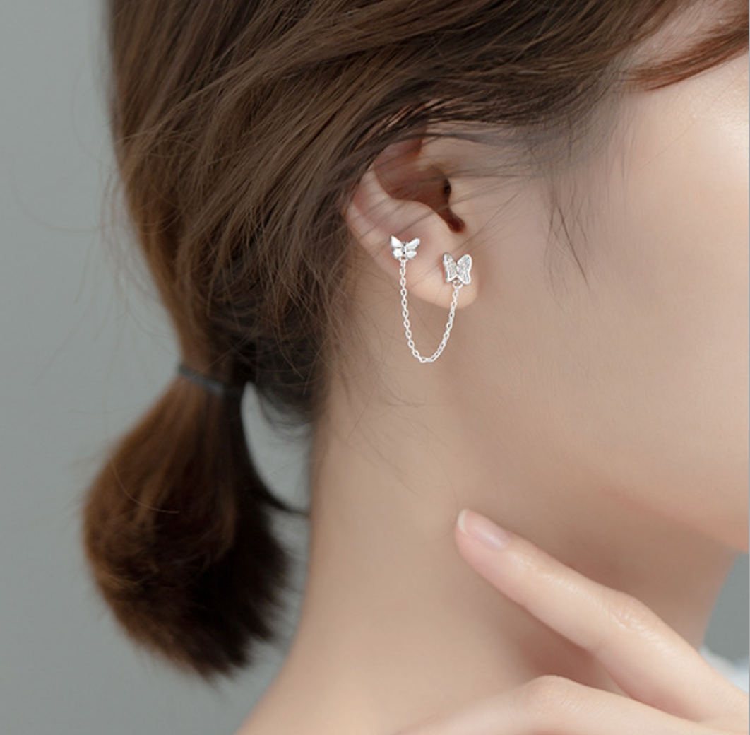 Crystal Butterfly Double Piercing Stud Earrings