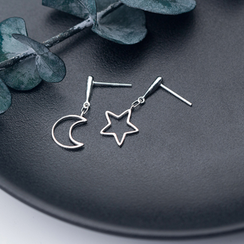Moon and Star Drop Stud Earrings