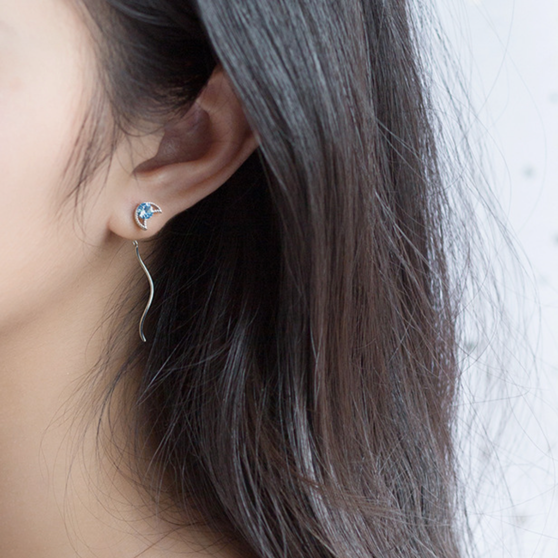 Blue Crystal Moon and Star Threader Earrings