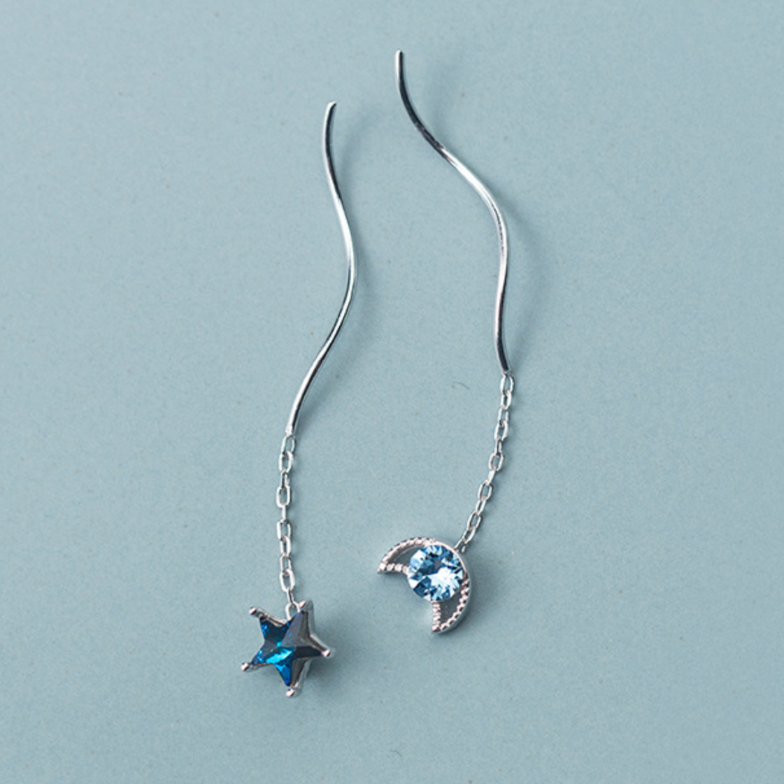 Blue Crystal Moon and Star Threader Earrings