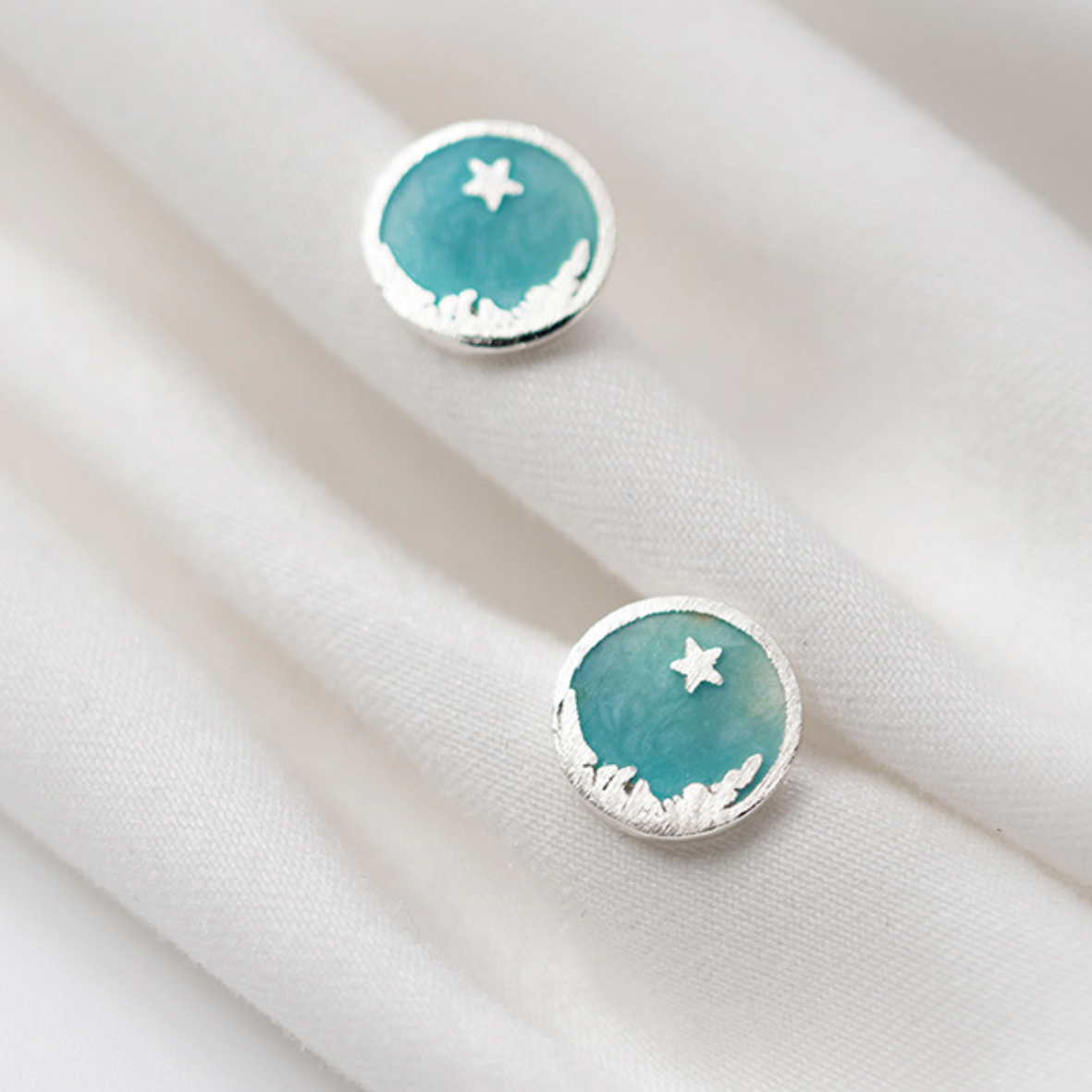 Moon and Star Circle Stud Earrings