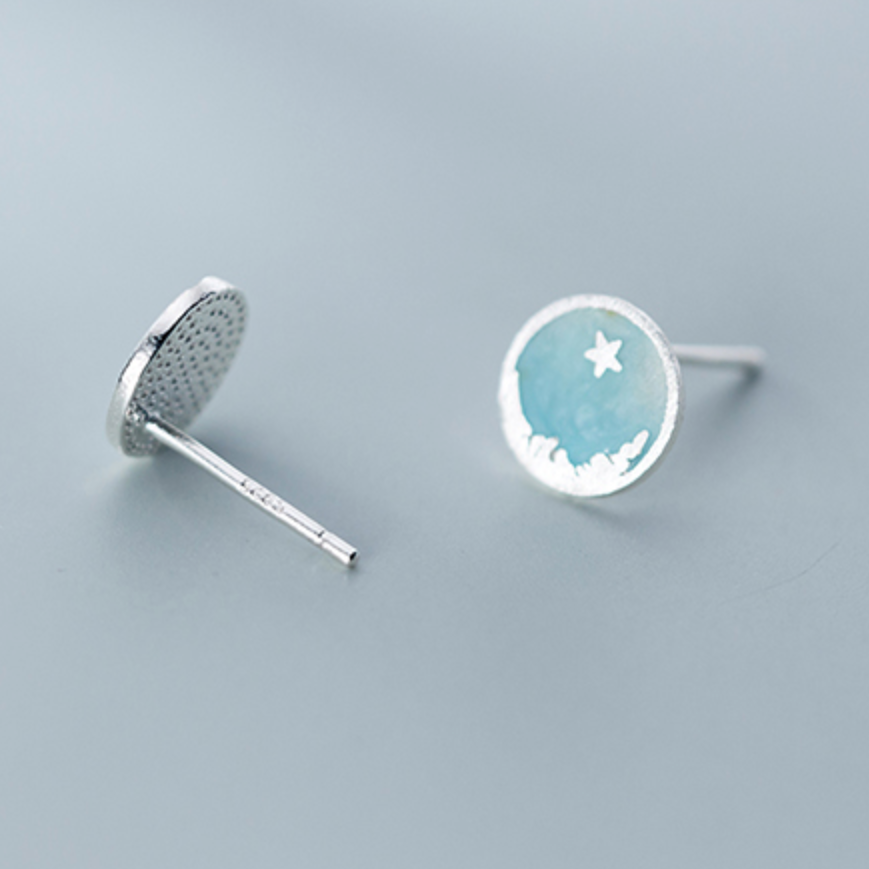 Moon and Star Circle Stud Earrings